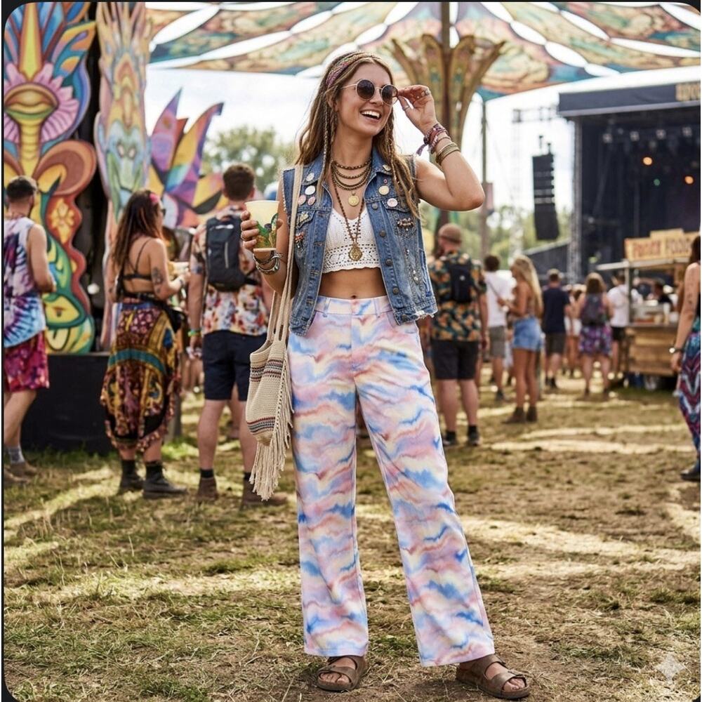 Cider Wide Leg Pants L Pastel Tie Dye Watercolor High Rise Flowy Boho Festival